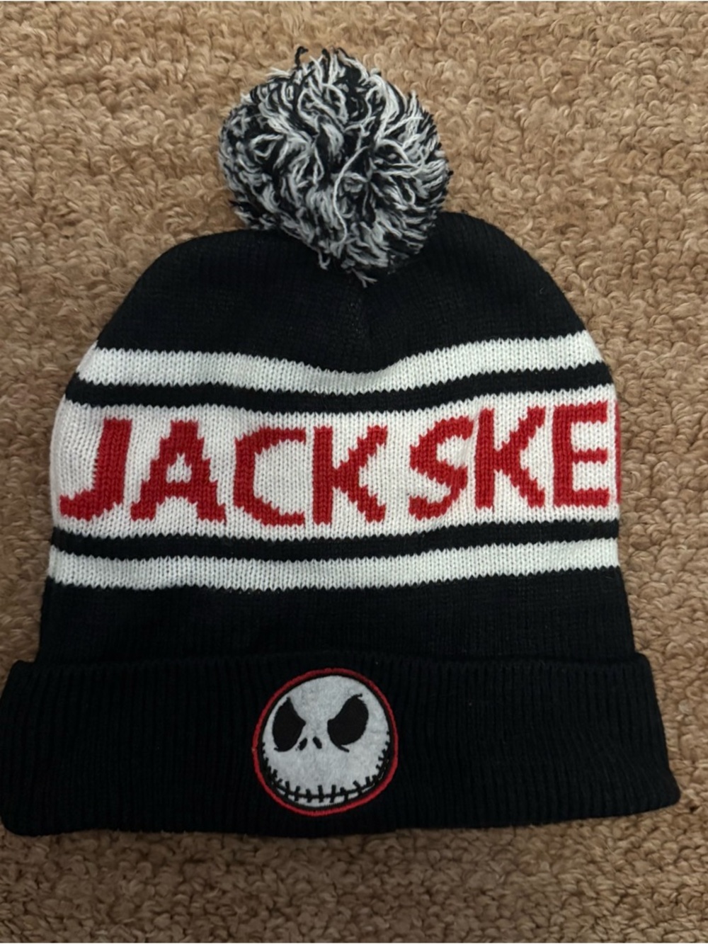 Disney The Nightmare Before Christmas Jack Skellington Black Red Knit Pom Beanie